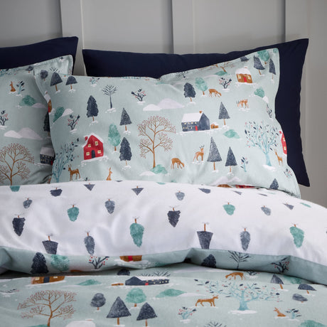 Bianca Winter Scene Reversible Brushed Cotton Duvet Cover Set - Blue - Brushed Winter Scene Duvet Set Blue