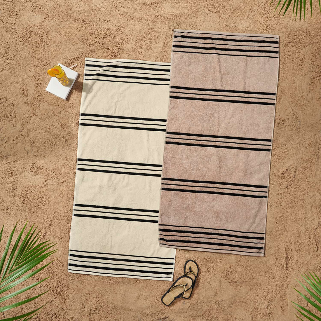 Catherine Lansfield Banded Stripe Beige Beach 100% Cotton Towel Pair