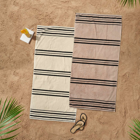 Catherine Lansfield Banded Stripe Beige Beach Towel Pair
