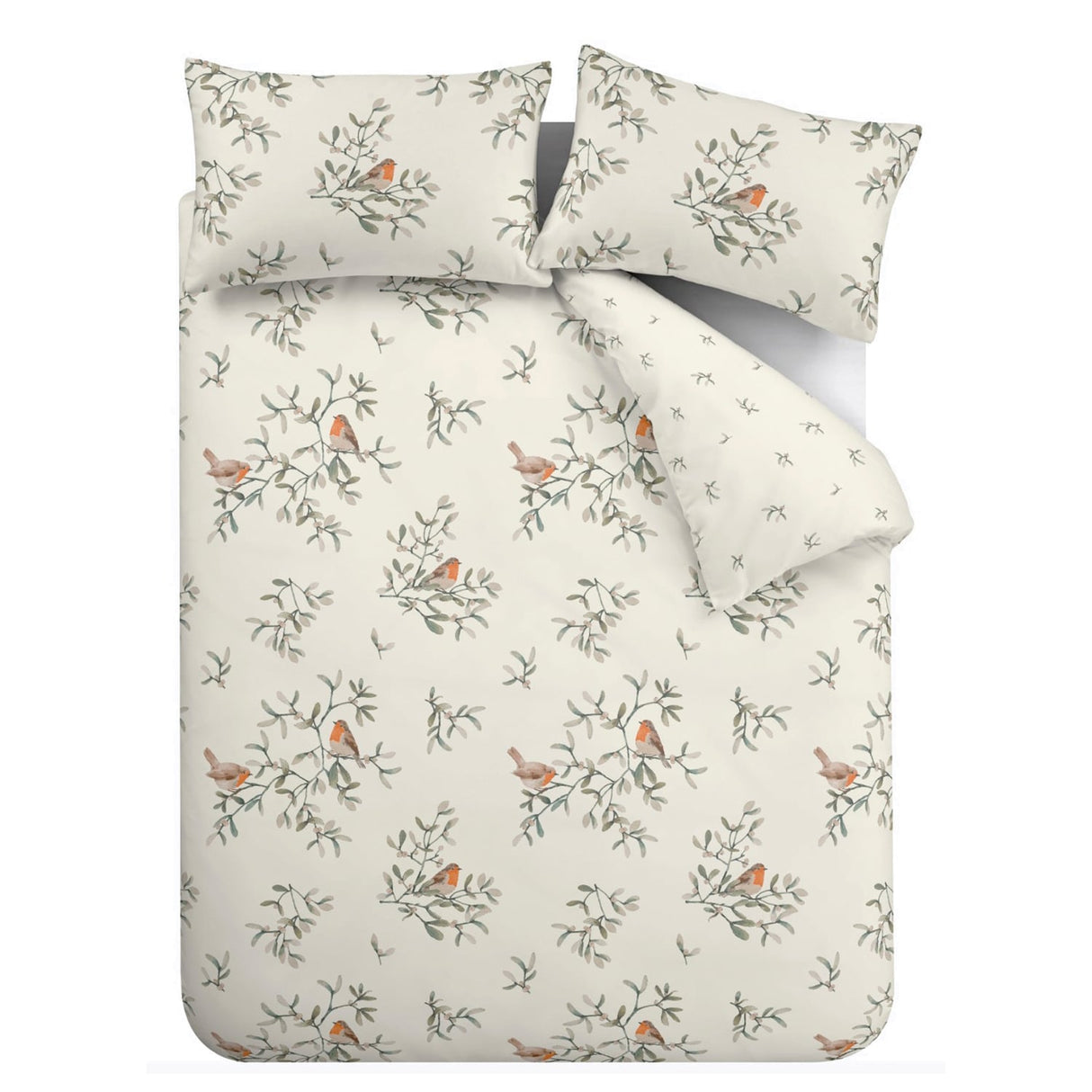 Catherine Lansfield Mistletoe Robins Brushed Cotton Flannelette Duvet Cover Set - Brushed Mistletoe Robin Duvet Set