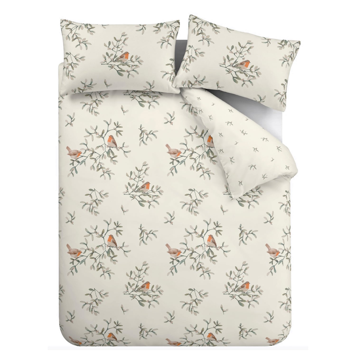 Catherine Lansfield Mistletoe Robins Brushed Cotton Flannelette Duvet Cover Set - Brushed Mistletoe Robin Duvet Set