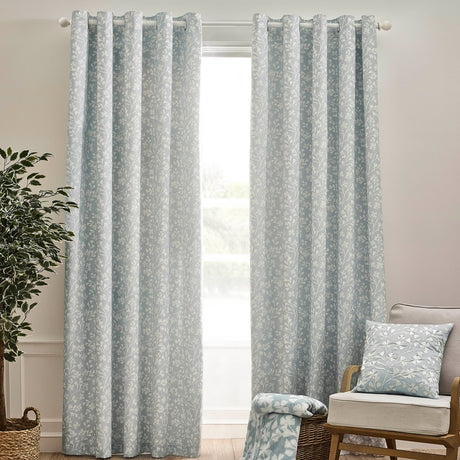Catherine Lansfield Brooke Floral Lined Eyelet Curtains - Duck Egg Blue Polycotton - Brooke Floral Eyelet Curtains Duck Egg