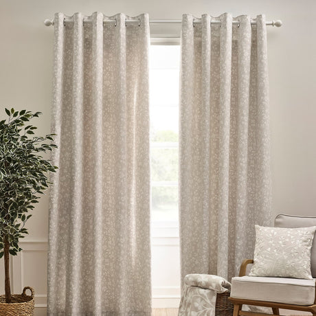 Catherine Lansfield Brooke Floral Lined Eyelet Curtains - Natural Polycotton - Brooke Floral Eyelet Curtains Natural