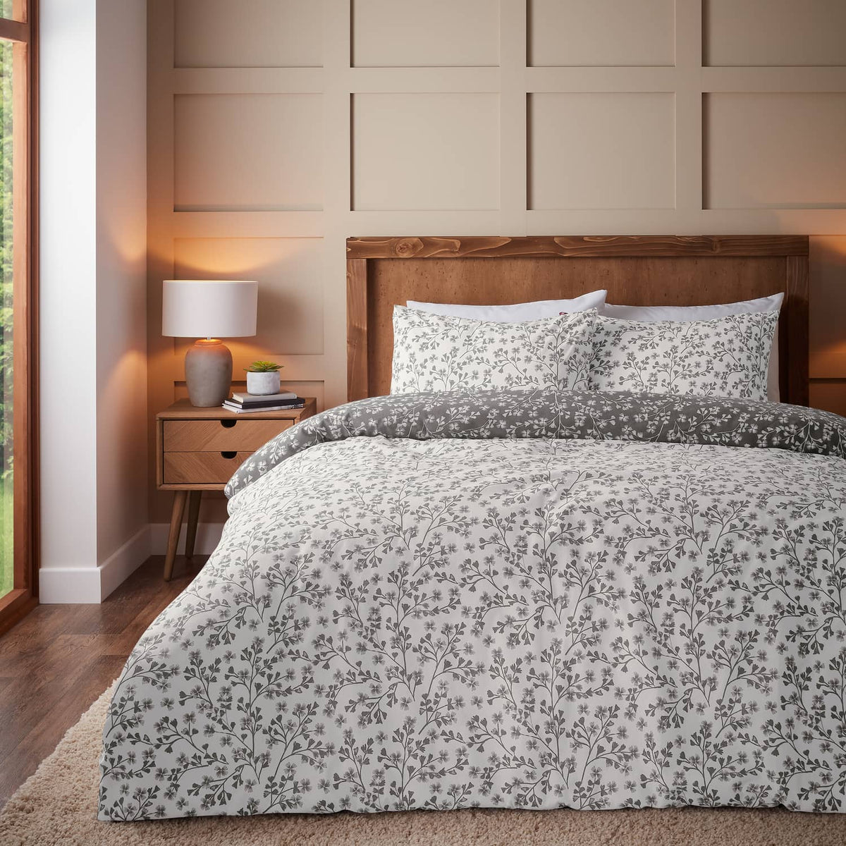Catherine Lansfield Grace Floral Leaf Brushed Cotton Flannelette Duvet Cover Set - Grey - Grace Floral Grey Duvet Set