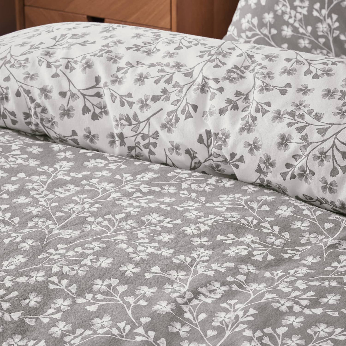 Catherine Lansfield Grace Floral Leaf Brushed Cotton Flannelette Duvet Cover Set - Grey - Grace Floral Grey Duvet Set