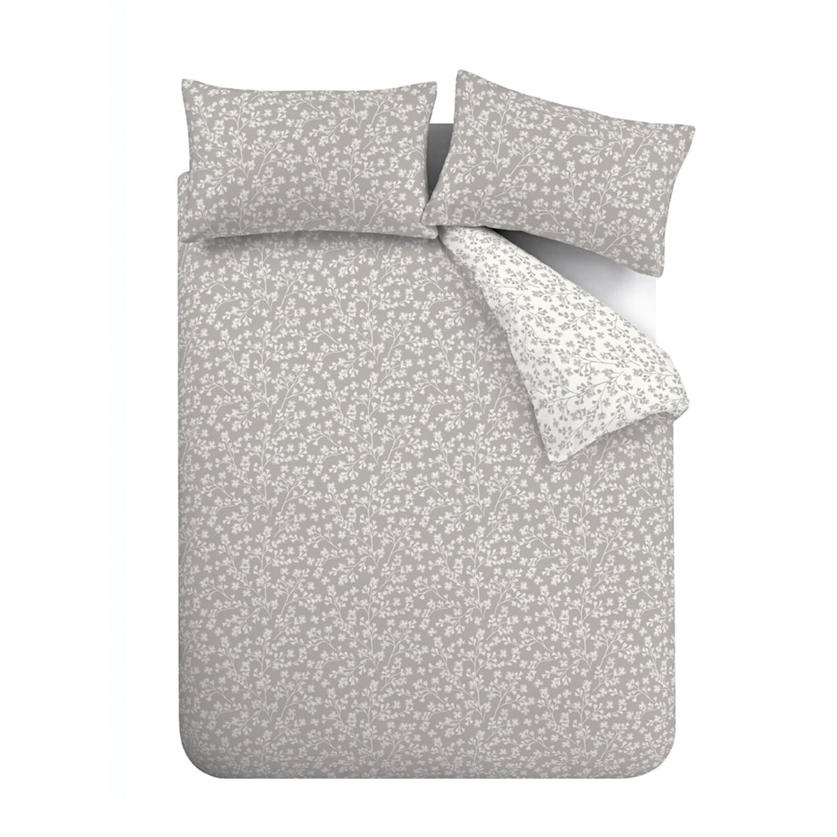 Catherine Lansfield Grace Floral Leaf Brushed Cotton Flannelette Duvet Cover Set - Grey - Grace Floral Grey Duvet Set