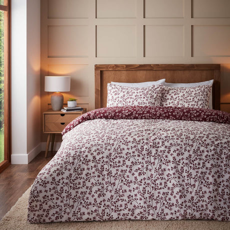 Catherine Lansfield Grace Floral Leaf Brushed Cotton Flannelette Duvet Cover Set - Red - Grace Floral Red Duvet Set