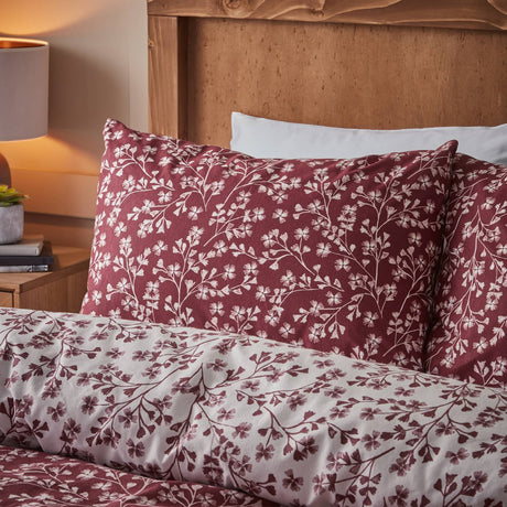 Catherine Lansfield Grace Floral Leaf Brushed Cotton Flannelette Duvet Cover Set - Red - Grace Floral Red Duvet Set