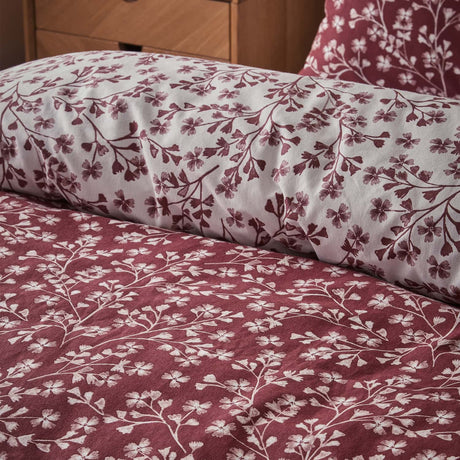 Catherine Lansfield Grace Floral Leaf Brushed Cotton Flannelette Duvet Cover Set - Red - Grace Floral Red Duvet Set