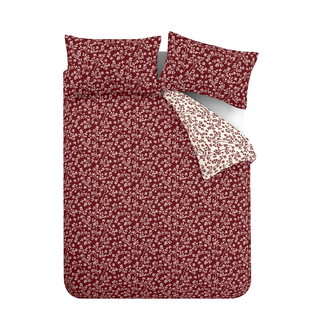 Catherine Lansfield Grace Floral Leaf Brushed Cotton Flannelette Duvet Cover Set - Red - Grace Floral Red Duvet Set