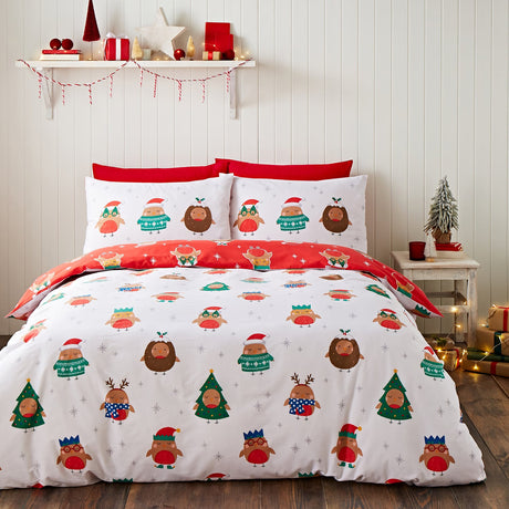 Catherine Lansfield Christmas Party Robins Duvet Cover Set - Christmas Party Robins Duvet Set