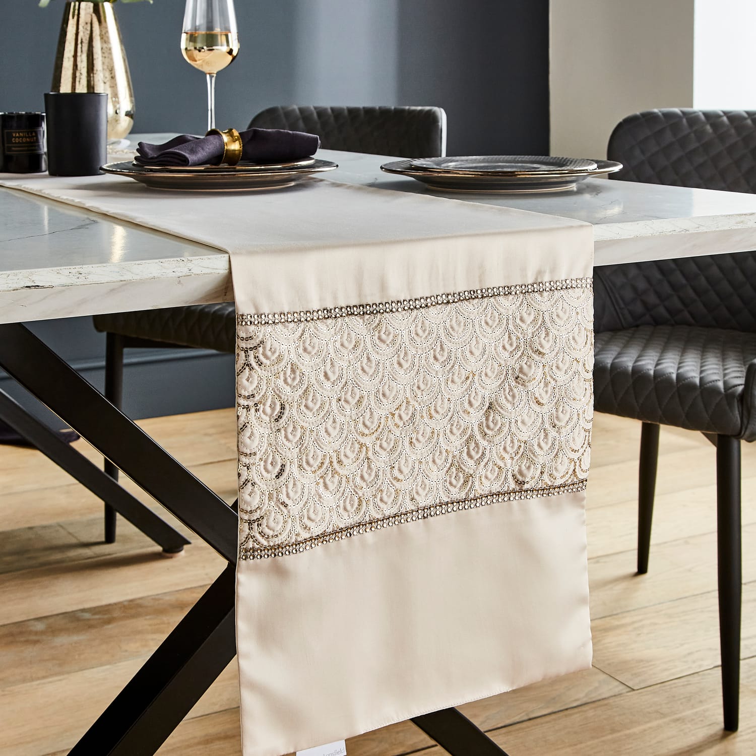 Catherine Lansfield Deco Sequin Eyelet Curtains - Champagne - Deco Sequin Dining Runner Champagne