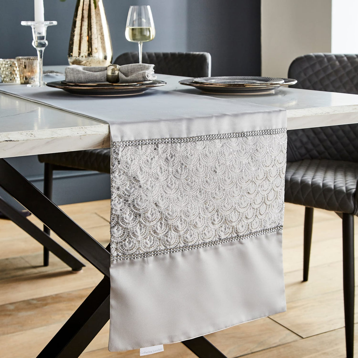Catherine Lansfield Deco Sequin Placemats 4 Pack Silver - Deco Sequin Dining Runner Silver