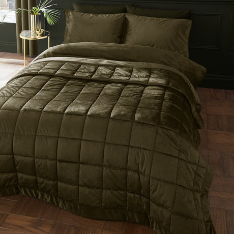 Catherine Lansfield Kingsley Matt Velvet Bedspread - Kingsley Bedspread Olive