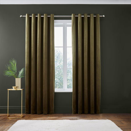 Catherine Lansfield Kingsley Matt Velvet Eyelet Curtains - Cream Light Filtering - Kingsley Curtains Olive