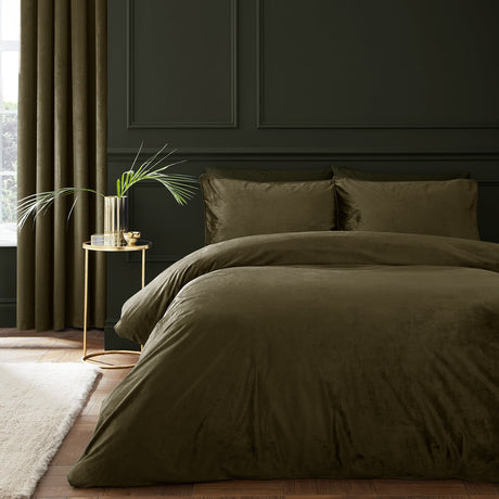 Catherine Lansfield Kingsley Matt Olive Velvet Duvet Cover Bedding Set - Kingsley Duvet Set Olive