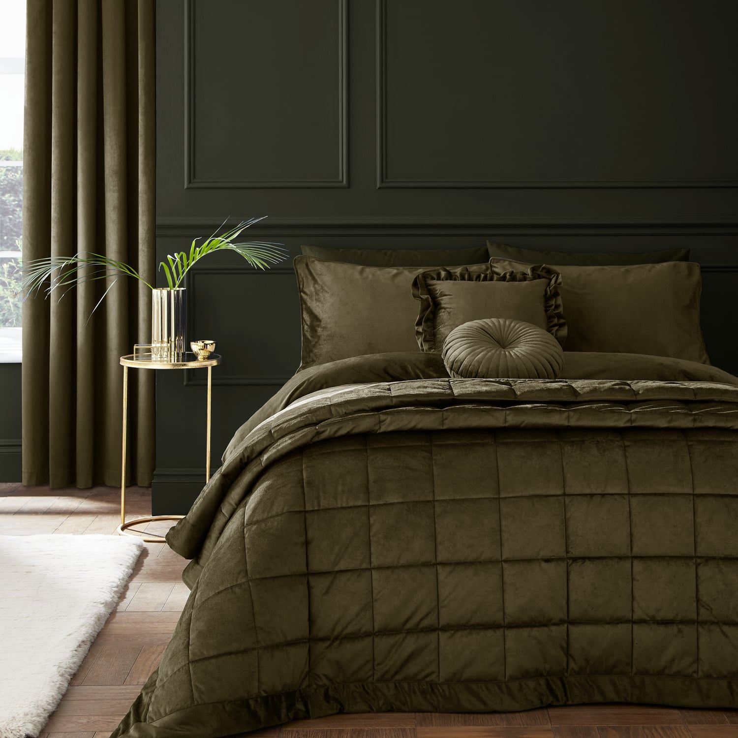 Catherine Lansfield Kingsley Matt Olive Velvet Duvet Cover Bedding Set