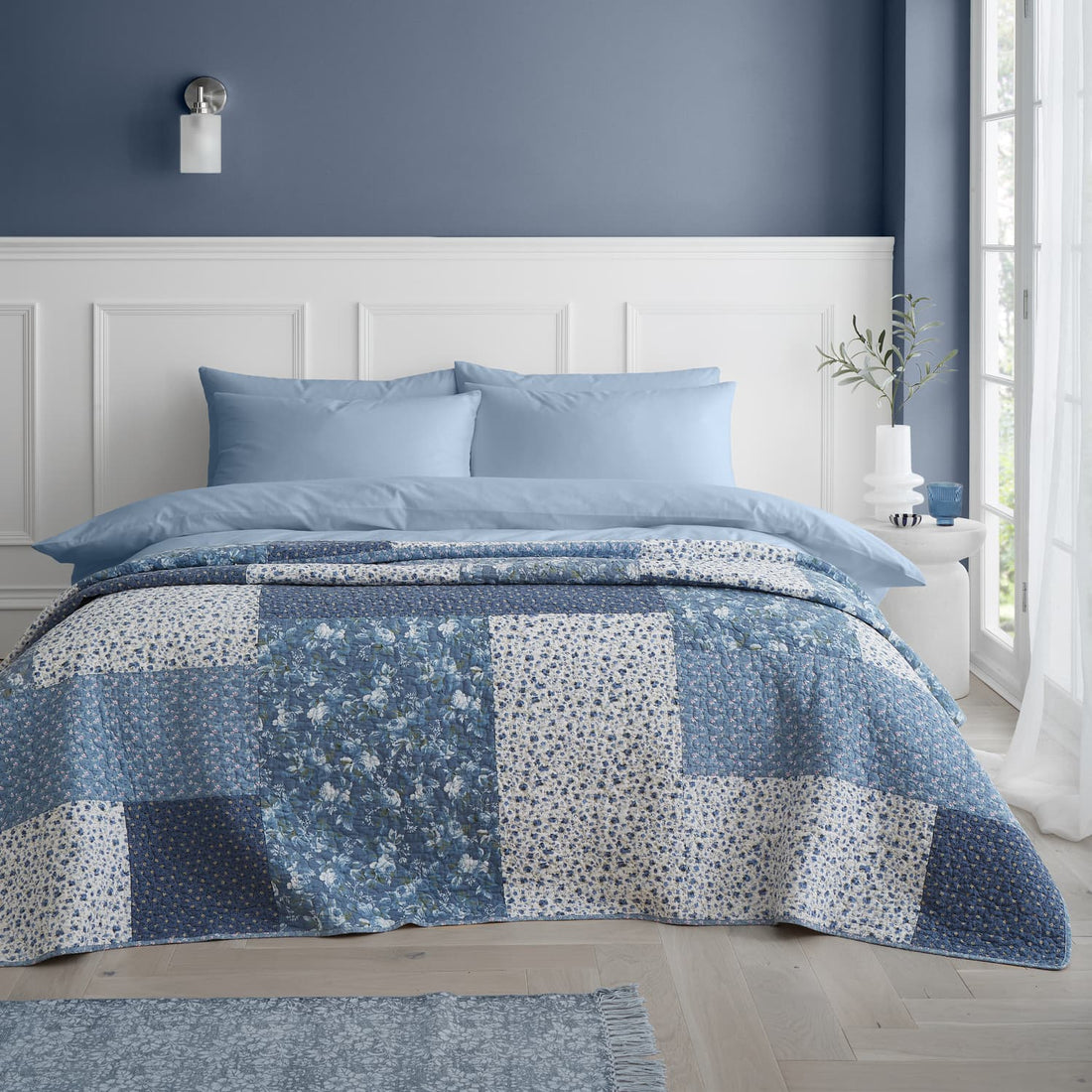 Turner Bianca Floral Patchwork 100% Cotton Bedspread Blue 220x230cm