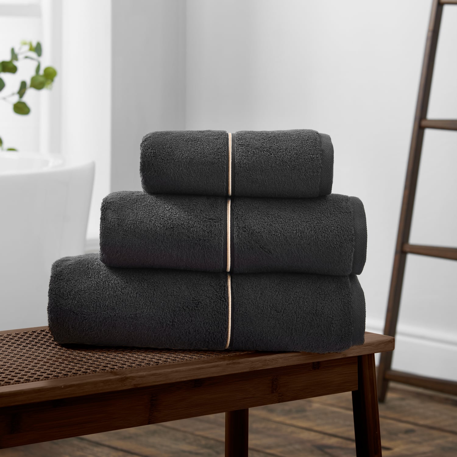 Bianca Zero Twist Satin Stitch 600gsm Cotton Towel - Black - Zero Twist Satin Stitch Towel Black