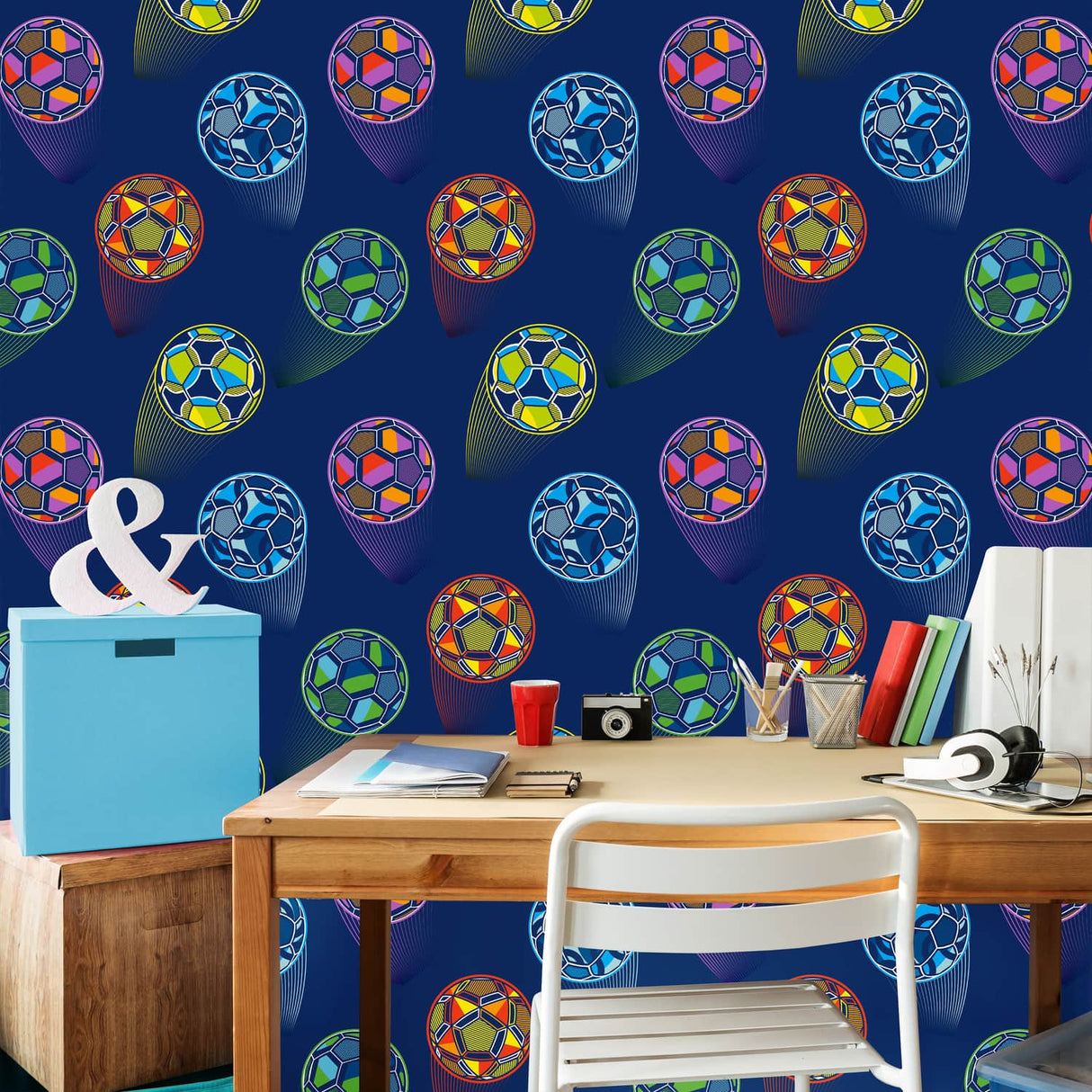 Catherine Lansfield Bright Football Navy Blue Wallpaper - Bright Football Wallpaper