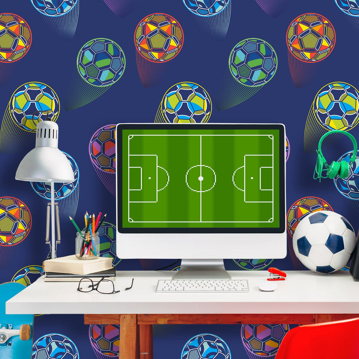 Catherine Lansfield Bright Football Navy Blue Wallpaper - Bright Football Wallpaper