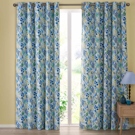 Catherine Lansfield Tilly Floral Eyelet Curtains - Blue Polycotton - Tilly Floral Curtains Blue