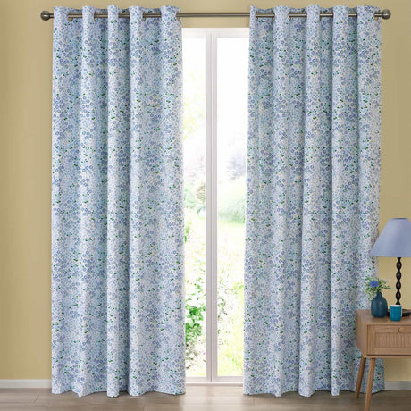 Catherine Lansfield Tilly Floral Eyelet Curtains - Blue Polycotton - Tilly Floral Curtains Blue
