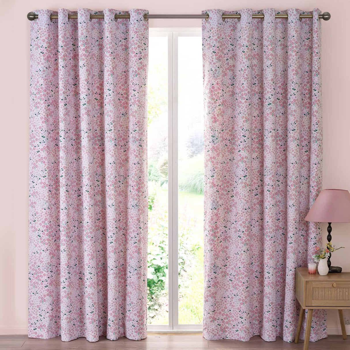 Catherine Lansfield Tilly Floral Eyelet Curtains - Pink Polycotton - Tilly Floral Curtains Pink