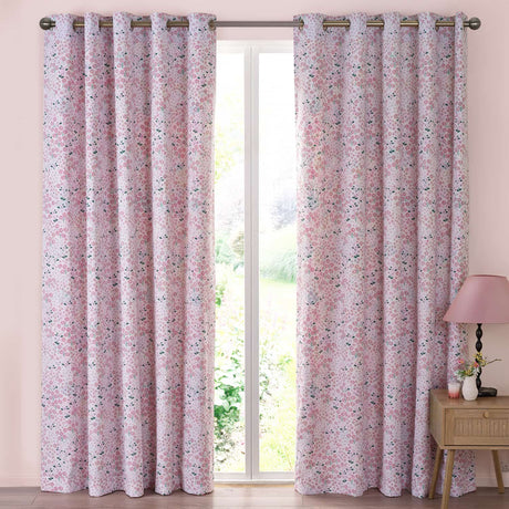 Catherine Lansfield Tilly Floral Eyelet Curtains - Pink Polycotton - Tilly Floral Curtains Pink