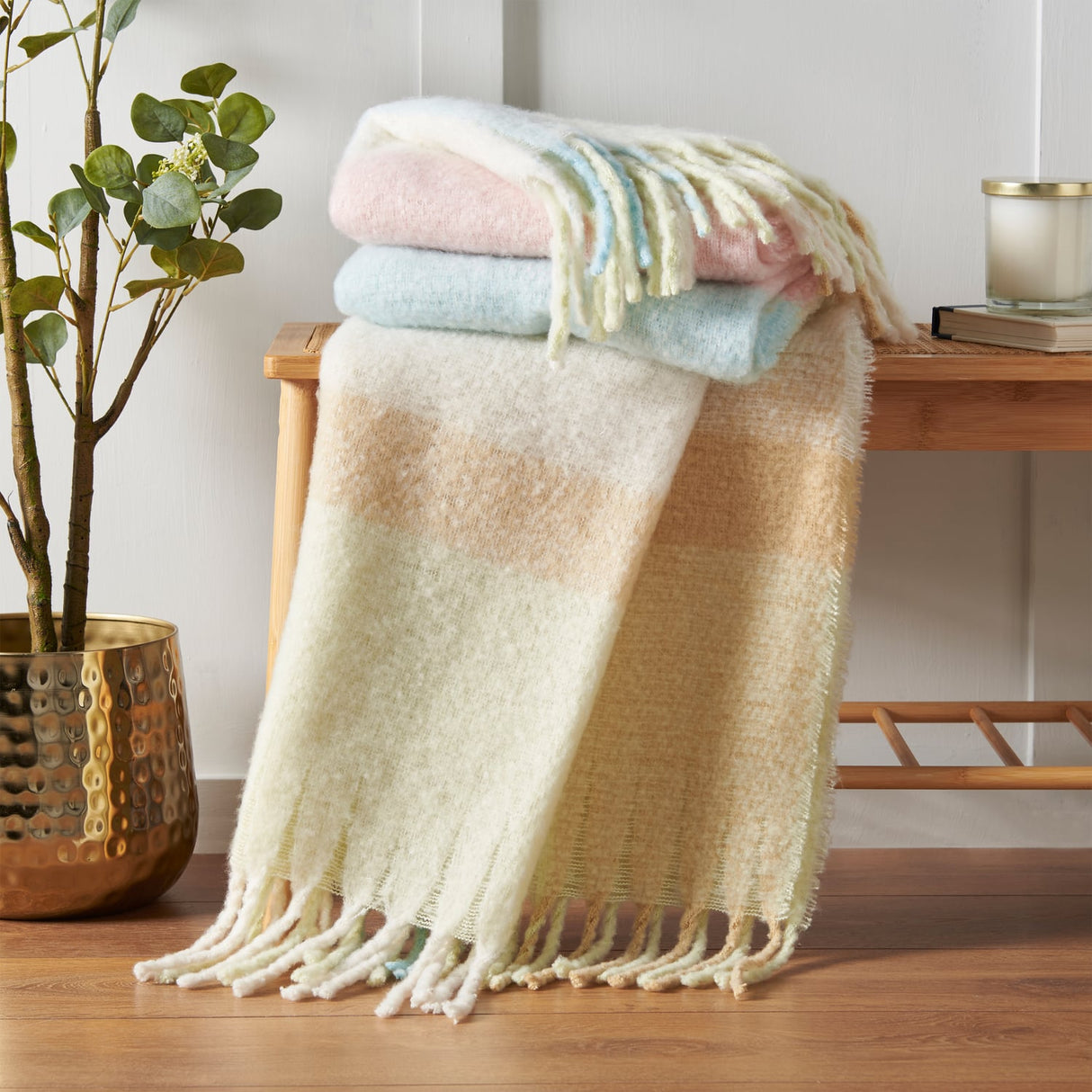 Catherine Lansfield Faux Mohair Check Throw - Faux Mohair Throw Pastel