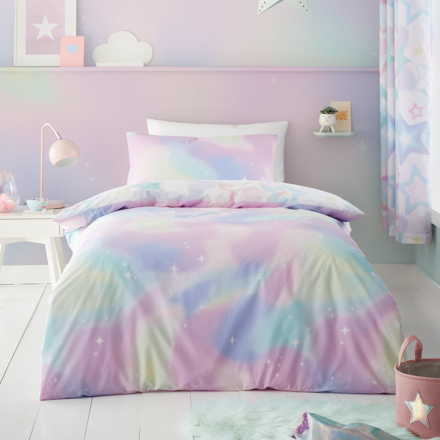 Catherine Lansfield Ombre Stars Kids Duvet Cover and Fitted Sheet Set - Ombre Stars Duvet Set White