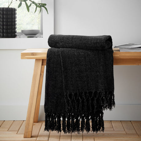 Catherine Lansfield Wilson Plain Cosy Throw 130cm x 170cm - Wilson Chenille Throw Black