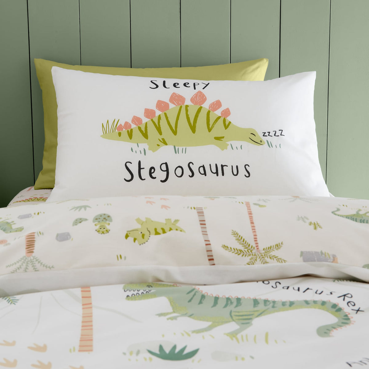 Catherine Lansfield Sleepy Dino Dinosaur Kids Duvet Cover Set - Sleepy Dino Duvet Set Green