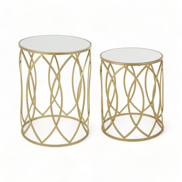 Set of 2 Champagne Oval Base Side Tables with Mirror