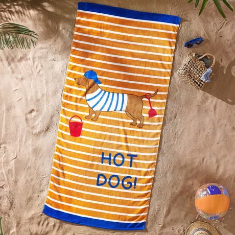 Catherine Lansfield Cotton Beach Towel 76cm x 160cm - Hot Dog Beach Towel
