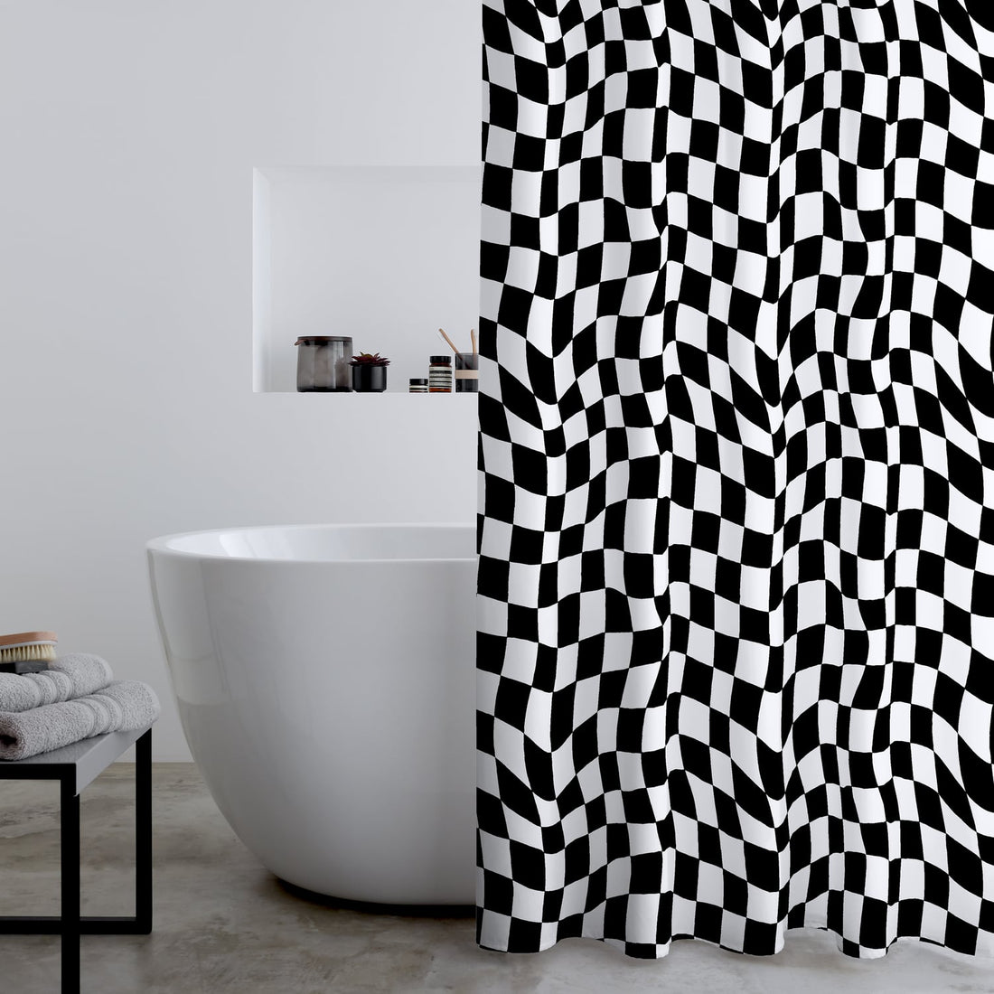 Catherine Lansfield Checkerboard Black Shower Curtain and White 180x180cm
