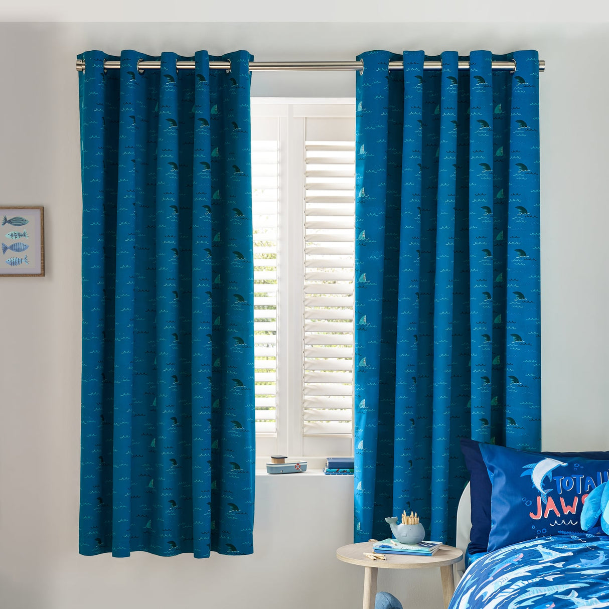 Catherine Lansfield Jawsome Shark Kids Eyelet Curtains Polycotton - Jawsome Shark Curtains