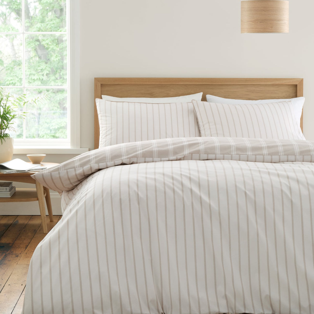 Bianca Ashford Stripe 200 Thread Count 100% Cotton Reversible Duvet Cover Set - Natural - Ashford Stripe Duvet Set Natural