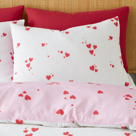 Catherine Lansfield Seersucker Heart Red and White Duvet Cover Set - White / Pink - Seersucker Heart Duvet Set