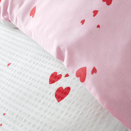 Catherine Lansfield Seersucker Heart Red and White Duvet Cover Set - White / Pink - Seersucker Heart Duvet Set