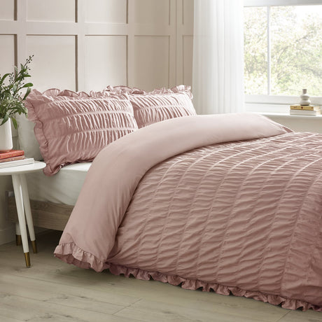 Catherine Lansfield Seersucker Frill Duvet Cover Set - Seersucker Frill Pink Duvet Set