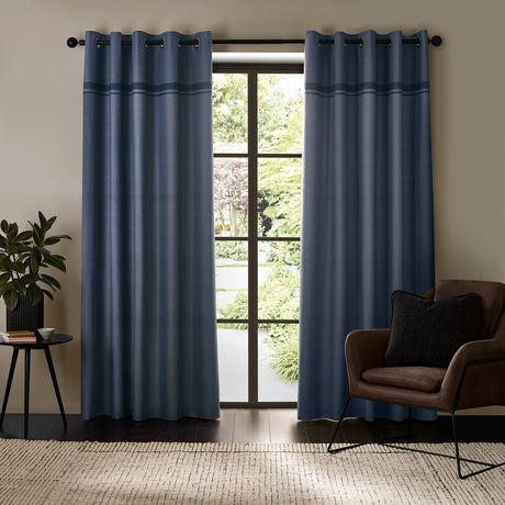 Catherine Lansfield Melville Lined Woven Texture Eyelet Curtains - Blue Light Filtering Polycotton - Melville Curtains Blue