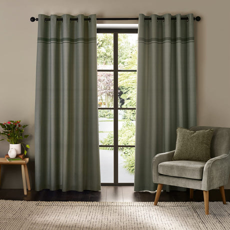 Catherine Lansfield Melville Lined Woven Texture Eyelet Curtains - Green Light Filtering Polycotton - Melville Curtains Green