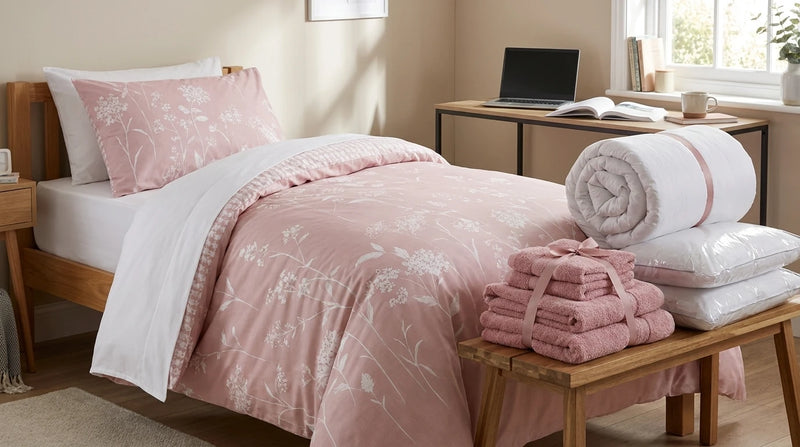 A neatly made bed in a bright bedroom setting, styled with a pink floral-patterned duvet cover, matching pillow, white sheets, folded pink towels, and rolled white bedding on a wooden bench and table.