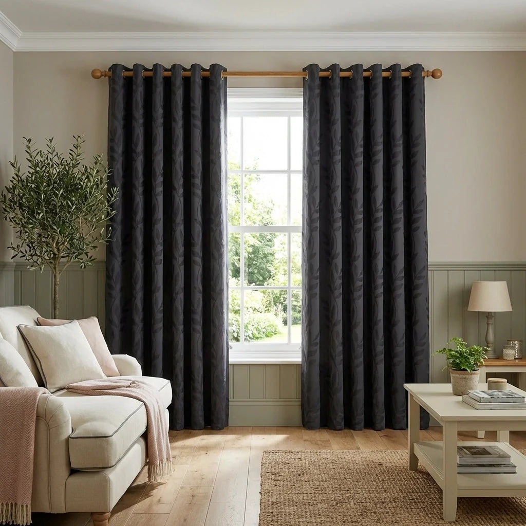 Tivoli Leaf Jacquard Lined Charcoal Eyelet Curtains