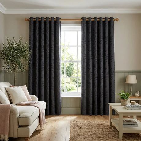 Tivoli Leaf Jacquard Lined Eyelet Curtains - Charcoal