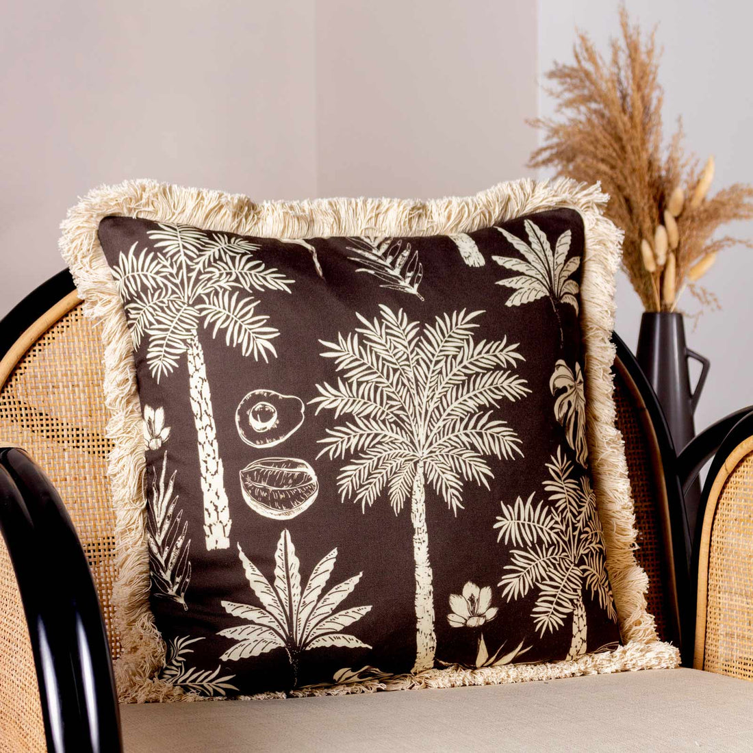 Colonial Palm Fringed Cushion Cover Espresso 45cm x 45cm