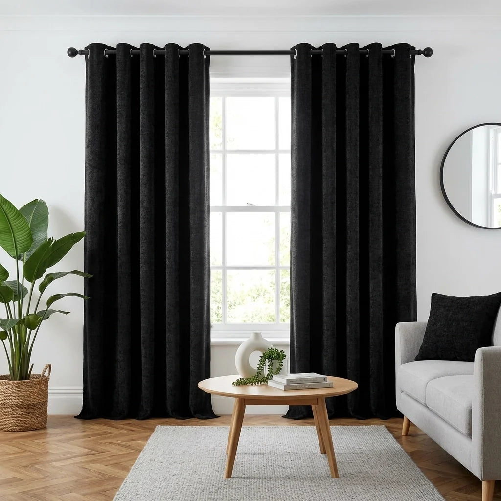 Black Chenille Thermal Blackout Eyelet Curtains