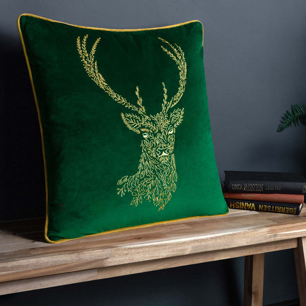 Forest Fauna Woodland Stag Cushion Cover Emerald