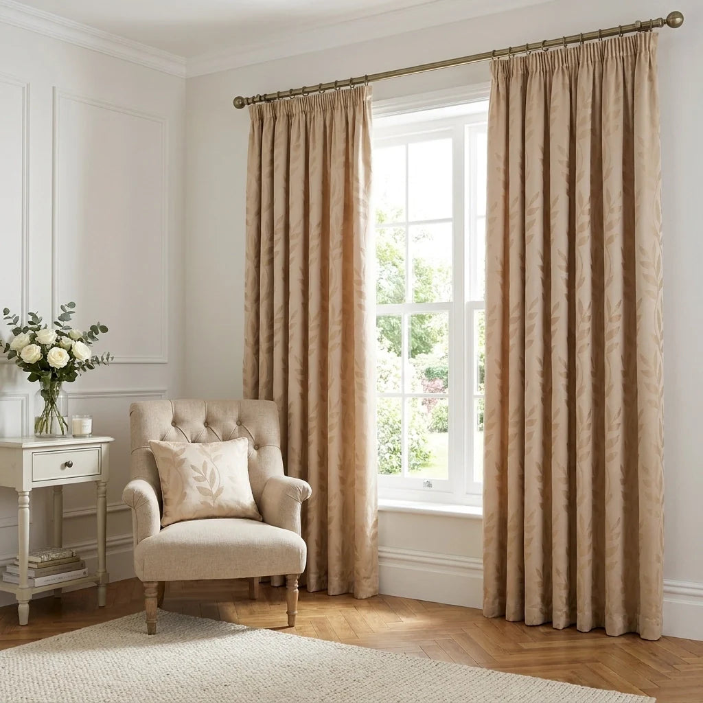 Tivoli Leaf Jacquard Lined Latte Pencil Pleat Curtains